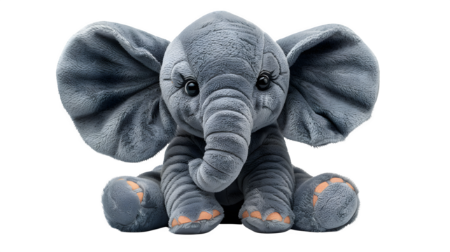 Baby elephant character with oversized ears and a tiny smile made of soft plush fabric, ultra-realistic texture, sharp focus, white background, isolated object, 