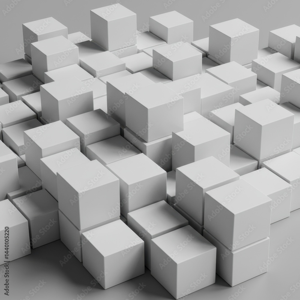 Poster abstract 3d rendering of interlocking white cubes: a geometric composition of cubic forms