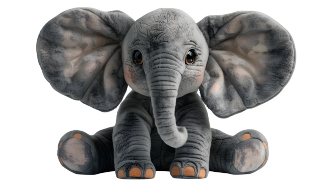 Baby elephant character with oversized ears and a tiny smile made of soft plush fabric, ultra-realistic texture, sharp focus, white background, isolated object, 