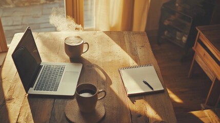 A laptop and two cups of coffee sit on a wooden table