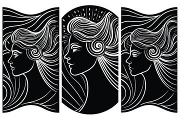 Three black and white portraits of elegant women with flowing hair style