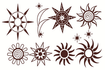 Variety of decorative sun and star vector graphics in brown hue