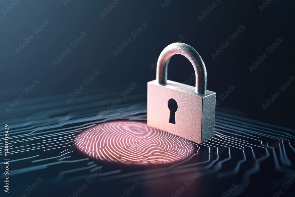 Poster padlock icon rests on fingerprint symbolizing advanced security and protection measures