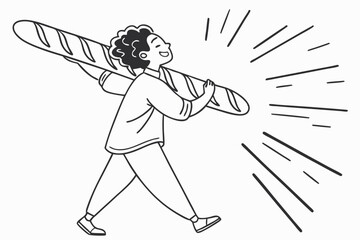 Vector illustration of joyful person carrying a large baguette on their shoulder