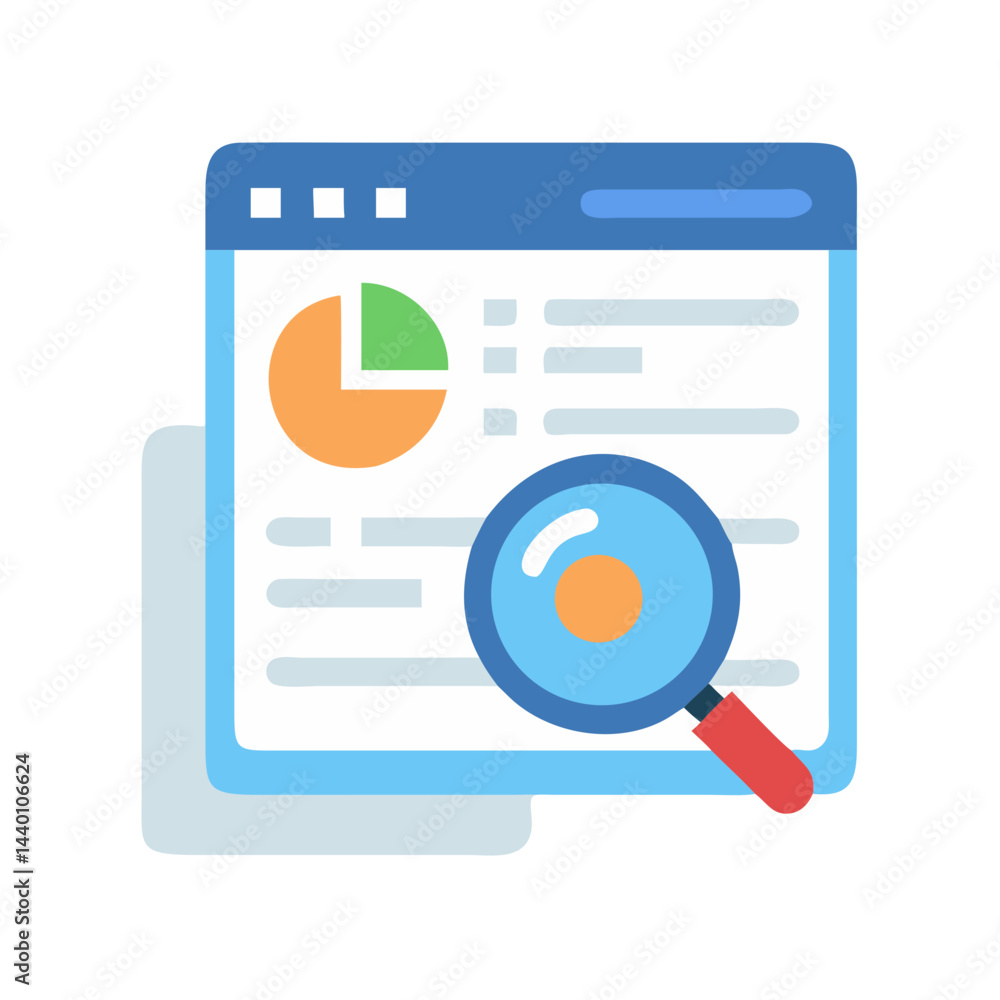 Poster analyzing data: web page with pie chart and magnifying glass icon