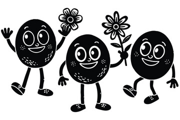 Whimsical black and white characters holding flowers happy illustration graphic element