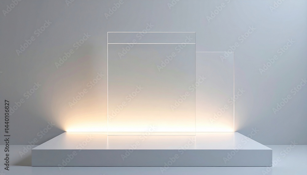 Poster showcasing modern minimalism in a studio setting with clear displays and soft lighting