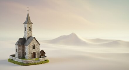 Naklejka premium Solitary Stone Church in Serene Landscape: A Digital Rendering of Tranquility and Faith