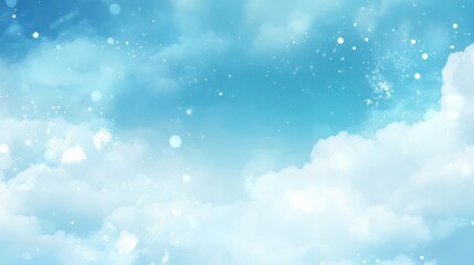 Dreamy blue sky with fluffy white clouds and a soft, ethereal atmosphere.