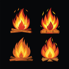 Cartoon Campfire and Flame Collection Fire Icon Set Vector.