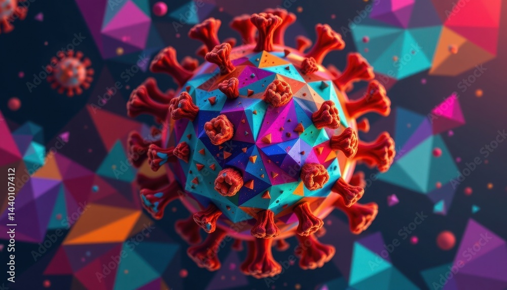 Poster abstract geometric design an abstract representation of a virus using geometric shapes in a vibrant 