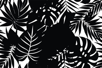 Tropical leaves black and white seamless pattern monstera and palm fronds