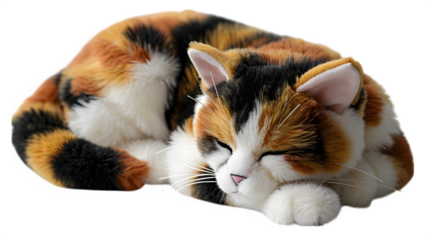 Calico cat plush with tail curled around paws made of soft plush fabric, ultra-realistic texture, sharp focus, white background, isolated object, high detail, studio lighting, no shadows