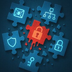 Obraz premium Cybersecurity awareness ransomware concept. A digital illustration of puzzle pieces featuring security icons, with a central red piece representing a locked padlock.