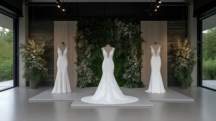 Elegant wedding gowns displayed in a modern bridal boutique.  Three stunning gowns, featuring various necklines and silhouettes,
