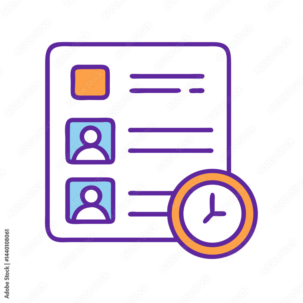 Aufkleber appointment scheduling system icon: calendar with contacts and time clock