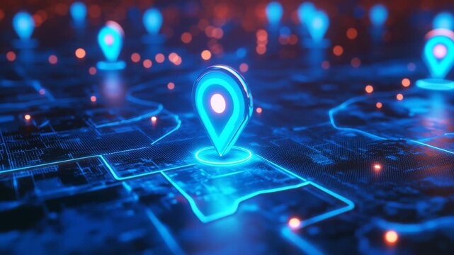 Glowing digital geotag marker on high-tech map interface