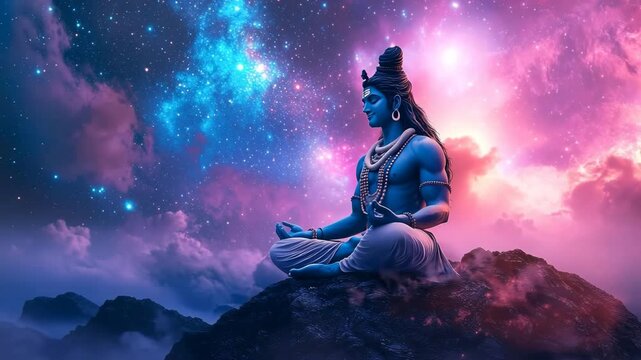 Hindu god Shiva meditating on mountain under cosmic sky