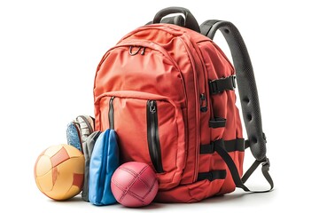 Orange backpack with soccer ball, sports gear and travel essentials concept
