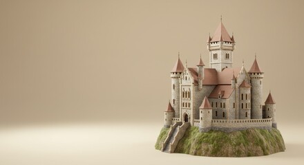 Majestic Stone Castle on Hilltop: A 3D Render of Medieval Architecture