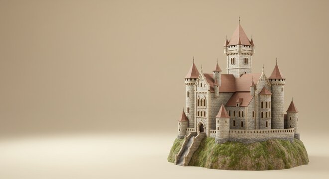 Majestic Stone Castle on Hilltop: A 3D Render of Medieval Architecture