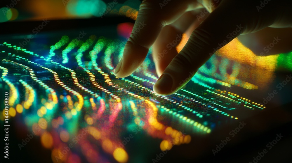 Poster a hand is touching a screen with a colorful pattern
