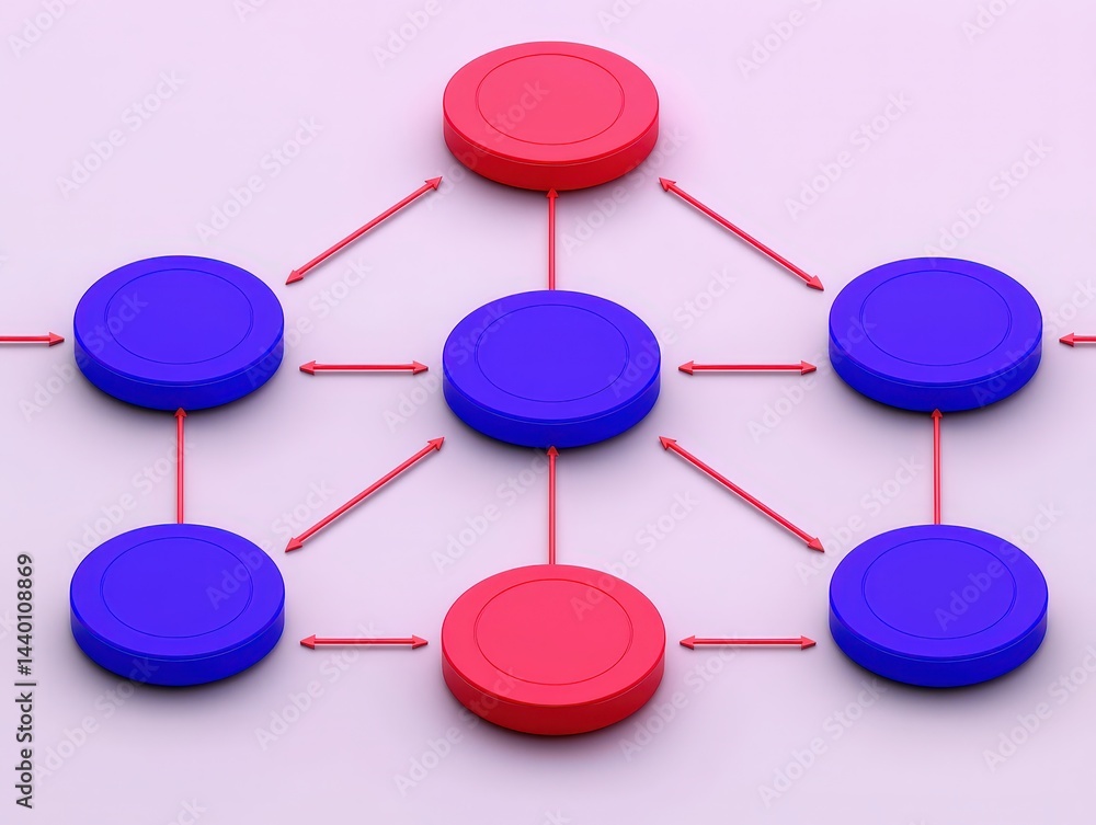 Aufkleber a network of interconnected blue and red discs with arrows showing directional relationships on a li