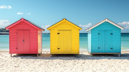 Colorful beach huts on sand under a blue sky and calm ocean