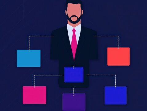 A businessman in a suit is depicted with a flowchart of colored boxes connected beneath him, representing organizational structure.