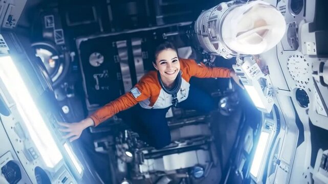 Female astronaut floating in zero gravity inside space station