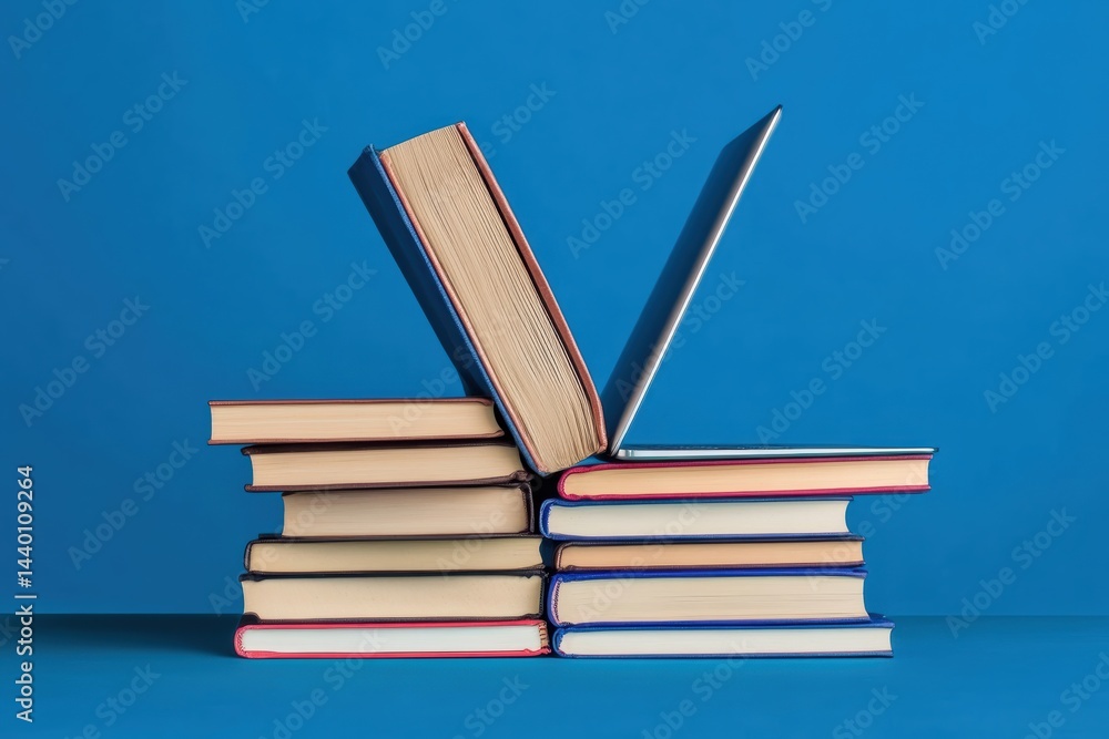 Poster stack of books transforming into a laptop representing learning and technology integration