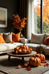 Elegant Thanksgiving decor in modern living room with pumpkins, candles, and fall foliage, elegant, decoration, modern