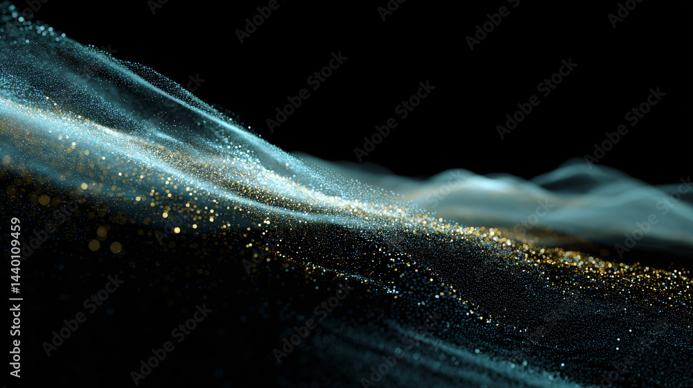 Poster abstract digital wave of particles flowing across various systems.
