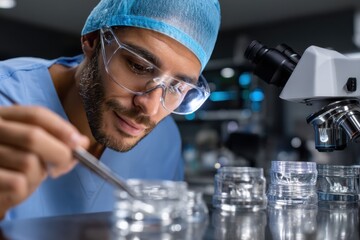 A dedicated scientist in scrubs meticulously examining samples under a microscope, representing the commitment and expertise in the field of medical research and biology.