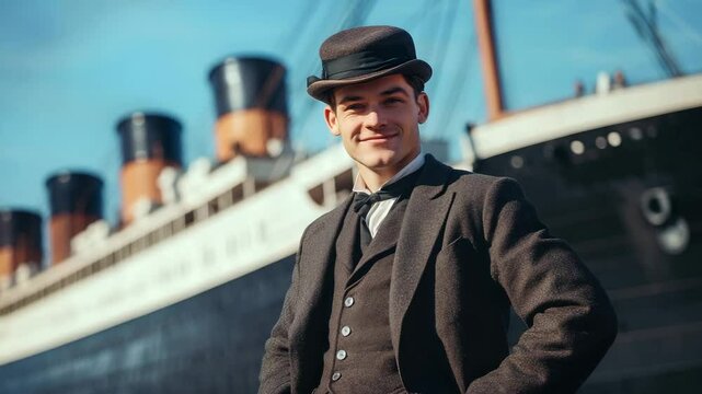 A smiling man in a suit stands near the historic ship Titanic