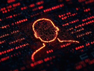 A digital silhouette of a person is outlined with glowing red code on a dark background, symbolizing data, cybersecurity, or digital identity.