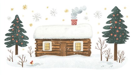 Snowy log cabin nestled in winter woods.  Possible use Christmas card, children's book illustration
