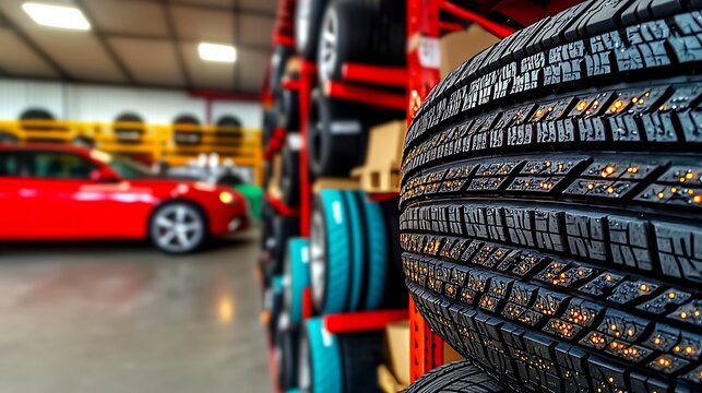 Car tires are stacked on shelves in a workshop, with a red car visible in the background