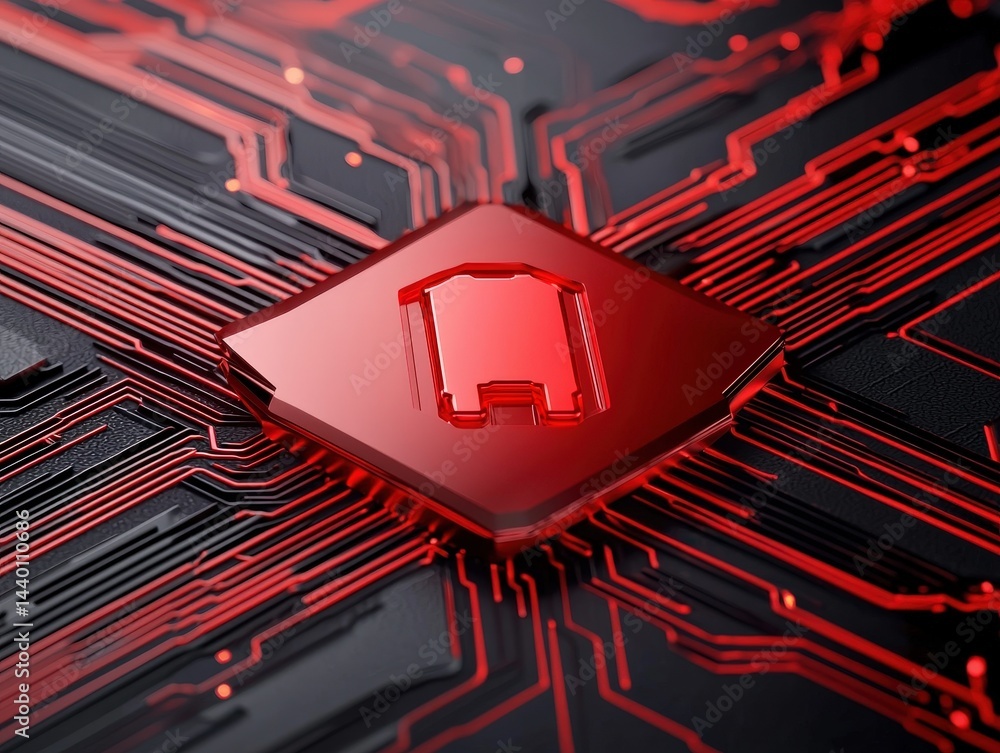 Poster a glowing red microchip sits at the center of intricate black and red circuit lines, symbolizing adv