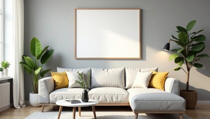 Empty frame hanging above comfy sofa in stylish living room, cozy, decor, design