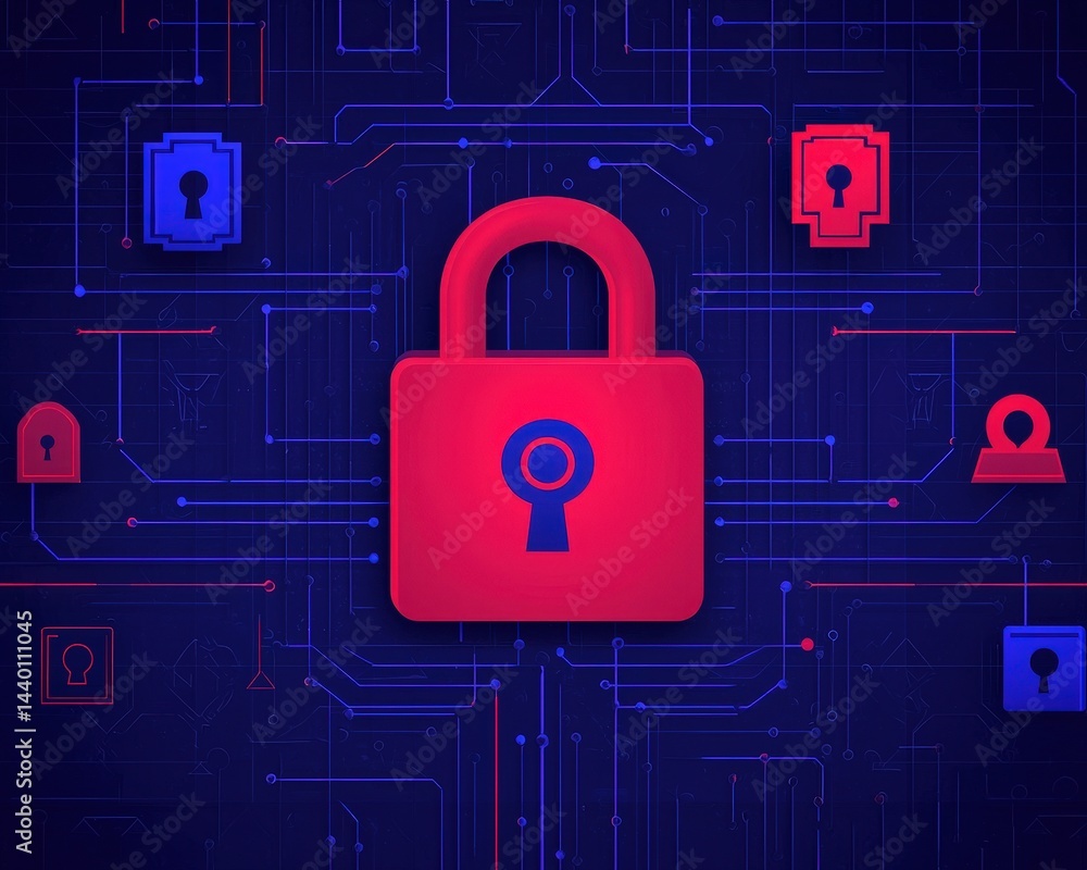 Aufkleber a red padlock with digital circuit lines symbolizes cybersecurity and data protection on a dark blue