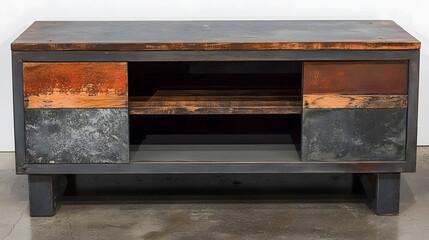 Rustic Metal Wood Cabinet, Industrial Design