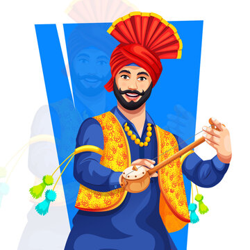 Vector illustration of Sikh Man performing bhangra with traditional musical instrument Tumbi during an event