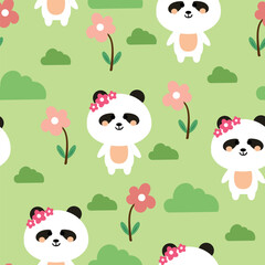 Seamless pattern cartoon panda and flowers. cute animal wallpaper for fabric print, gift wrap paper
