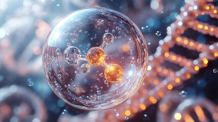 3D - rendered liquid bubble with molecular structures in warm tones, set against a DNA - inspired background, symbolizing advanced molecular skincare science.