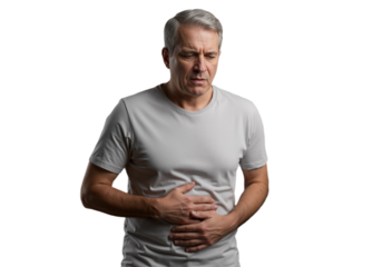 Man suffering from abdominal pain, PNG format 