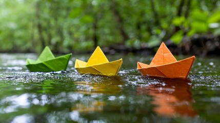 Colorful Origami Paper Boats Floating on Water with Forest Background