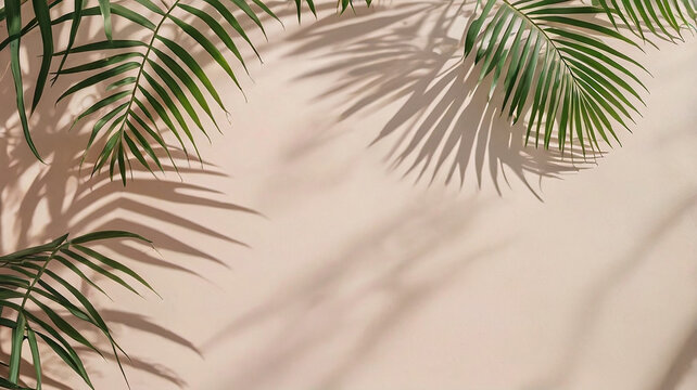 Green palm leaves and their artistic reflections on the cream wall.