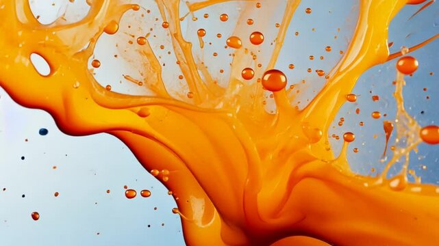 Vibrant orange paint splash creating dynamic shapes against a light background, showcasing motion