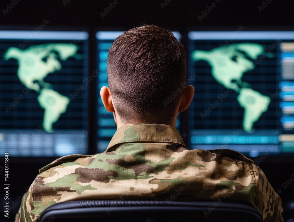 Poster a person in military uniform monitors digital world maps on large computer screens.